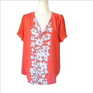 Dr2 L Orange V Neck Hawaiian Blouse NWT